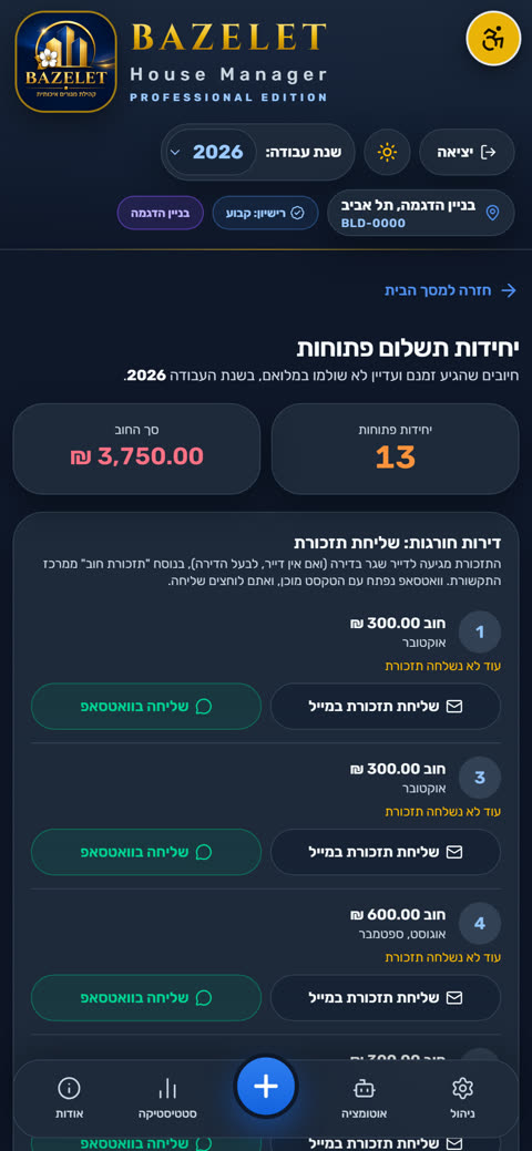 דירות עם חוב פתוח, ולצד כל אחת כפתורי שליחת תזכורת